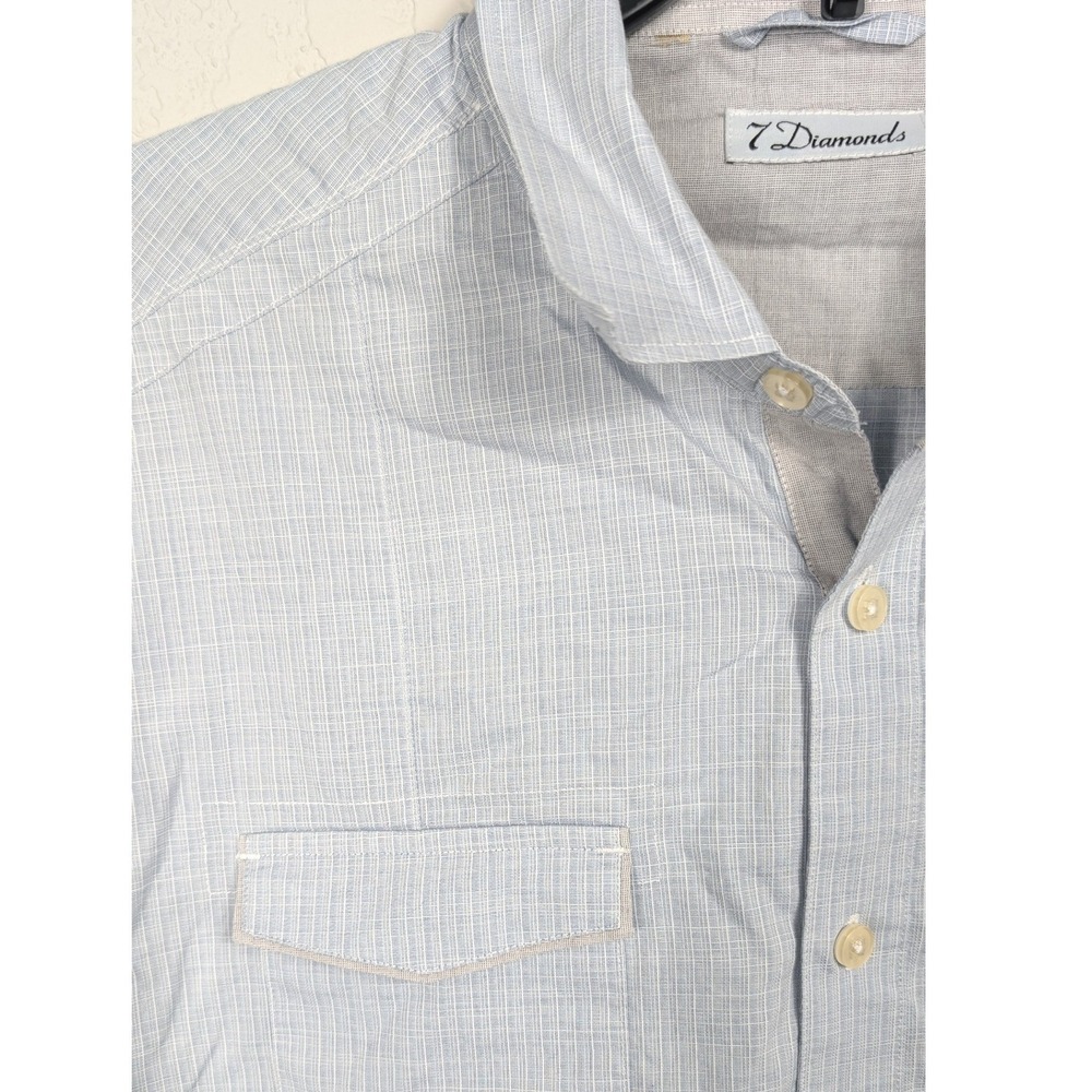 7‎ Diamonds Button Down Shirt Mens Large Light Blue Short Sleeve Pockets